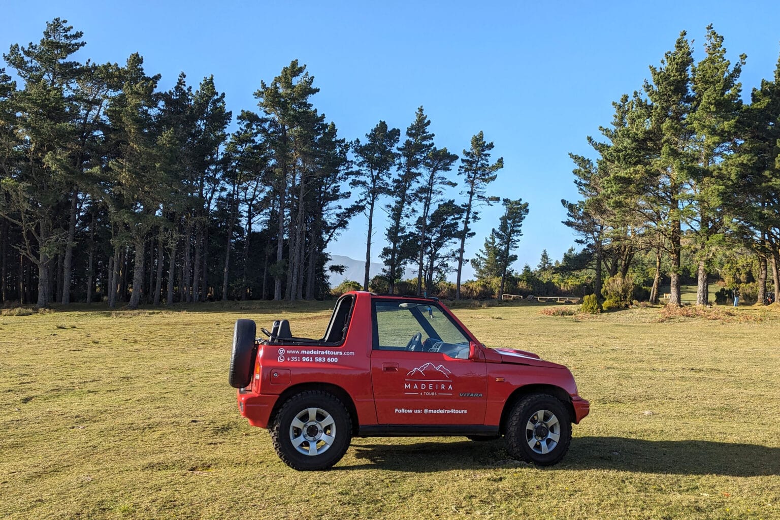 Suzuki Vitara cabriolet parked on green grass under sunshine in Madeira