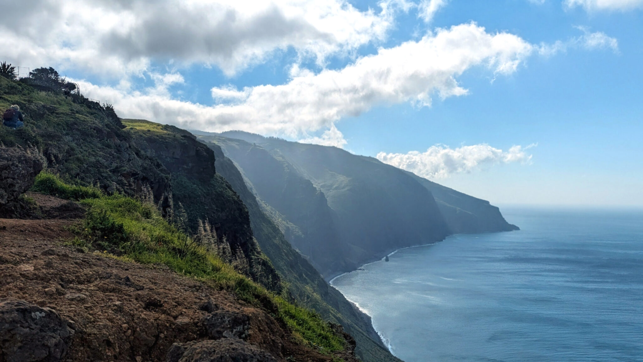 Cliffs and open ocean at the capes of Ponta do Pargo, with grass in the foreground and untouched nature under a bright sky