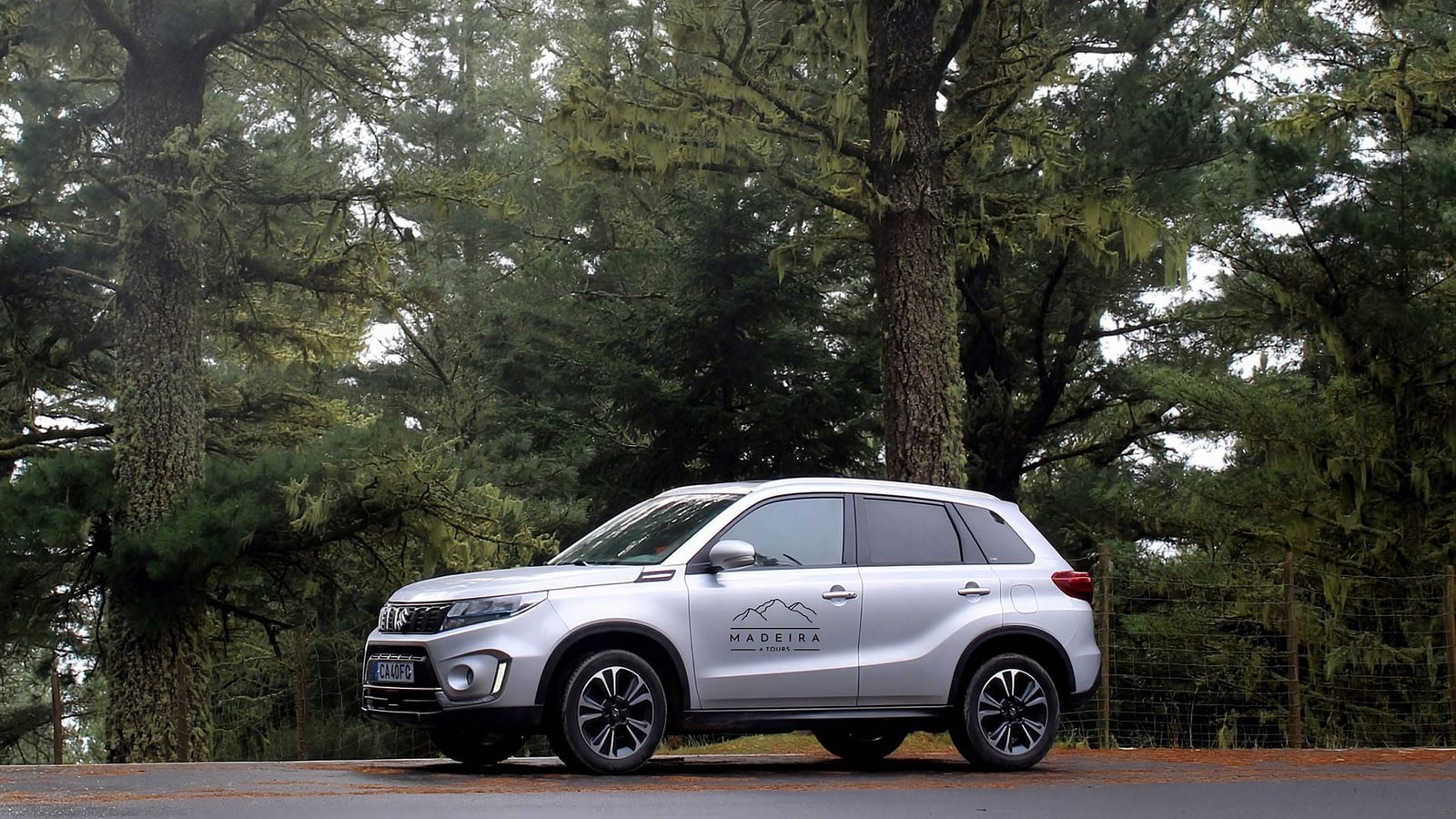 Suzuki Vitara Hybrid parked beside the road near Poiso in winter light, with pine trees, mist, and lichen‑covered branches creating a dark, atmospheric forest scene